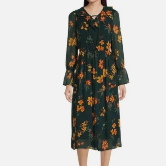 CALVIN KLEIN Women's Dark Green Floral Long Sleeve Ruffle Neck Midi Dress 16 - Picture 1 of 9
